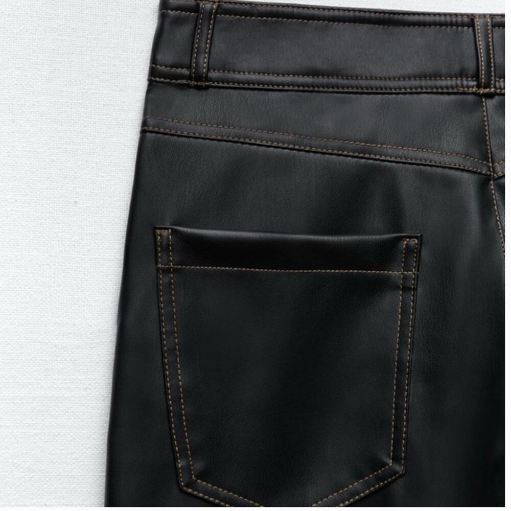 Zara Black Faux Leather Straight Leg Contrast Stitch Pants size XS - Picture 4 of 16